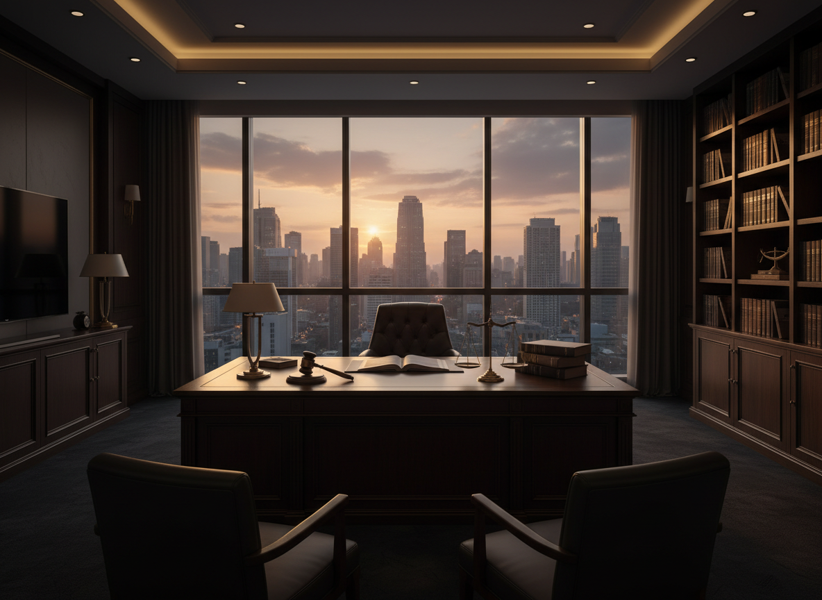 A professional legal office interior with a large wooden desk, gavel, scales of justice, law books, and a floor-to-ceiling window overlooking a city skyline at dusk. Dark sophisticated atmosphere, warm ambient lighting, cinematic wide landscape format suitable as a background image.