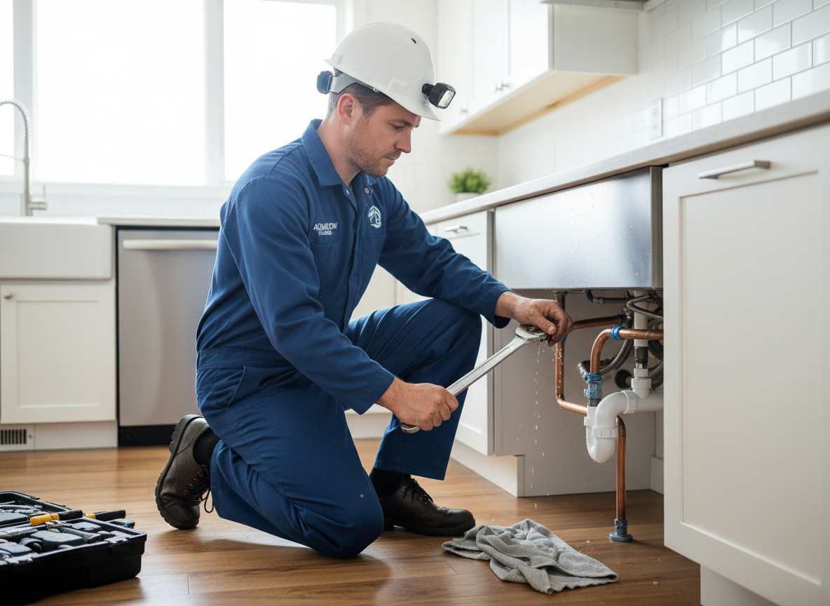 A professional plumber in a blue uniform and tool belt, fixing pipes under a kitchen sink. Bright, realistic photo style. Clean modern home interior background.
